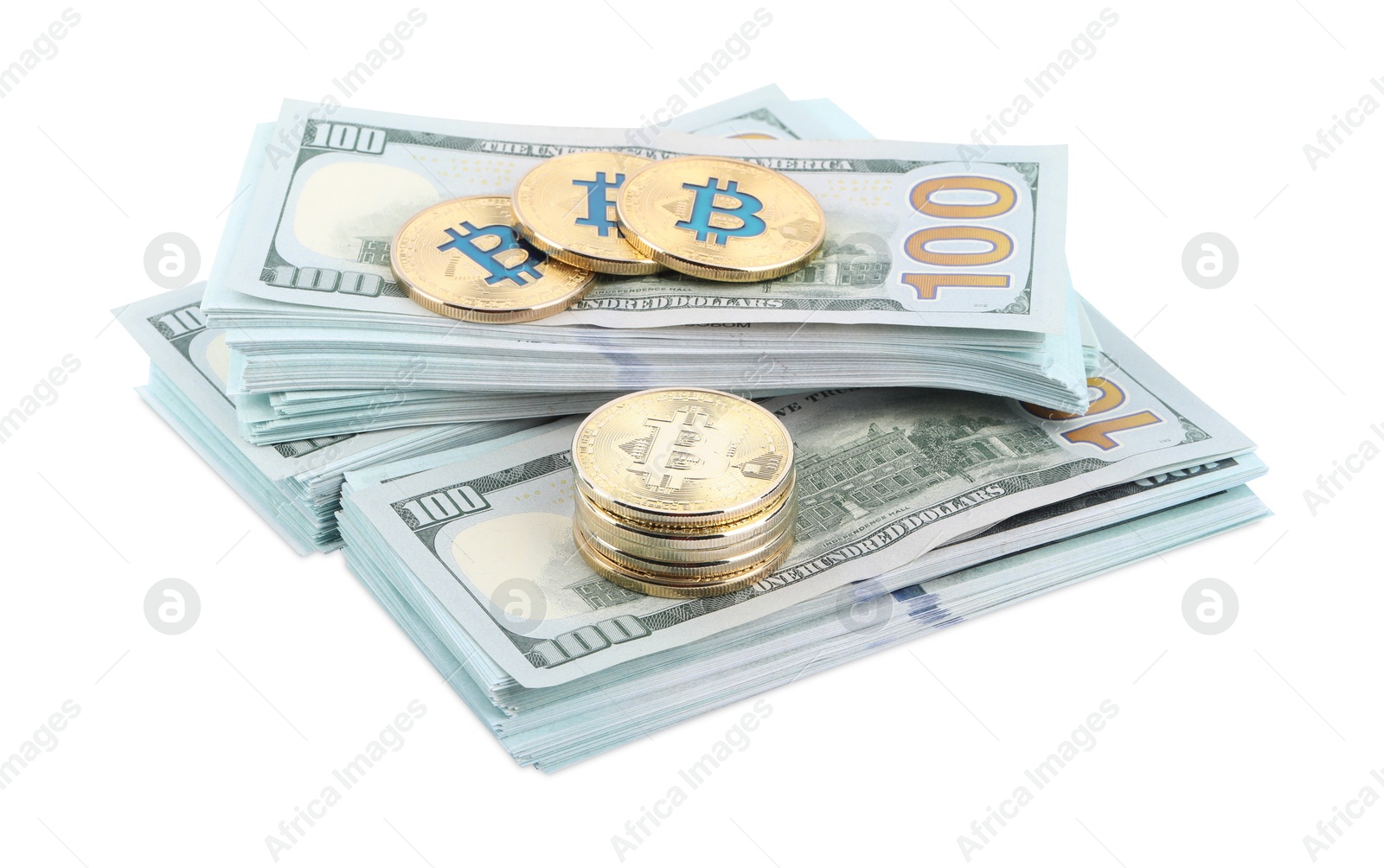 Cryptocurrency. Bitcoins and dollar banknotes isolated on white Photo of Cryptocurrency. Bitcoins and dollar banknotes isolated on white