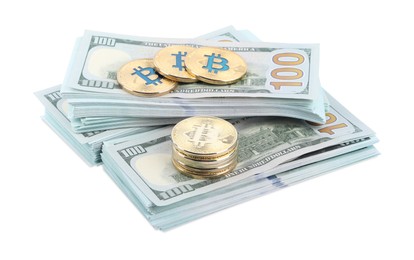 Photo of Cryptocurrency. Bitcoins and dollar banknotes isolated on white