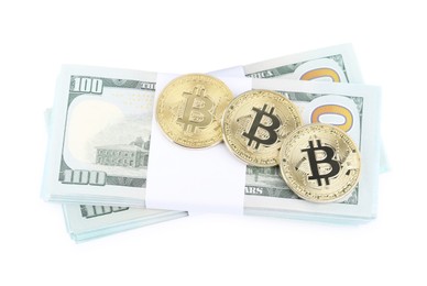 Photo of Cryptocurrency. Bitcoins and dollar banknotes isolated on white, top view