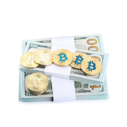 Photo of Cryptocurrency. Bitcoins and dollar banknotes isolated on white