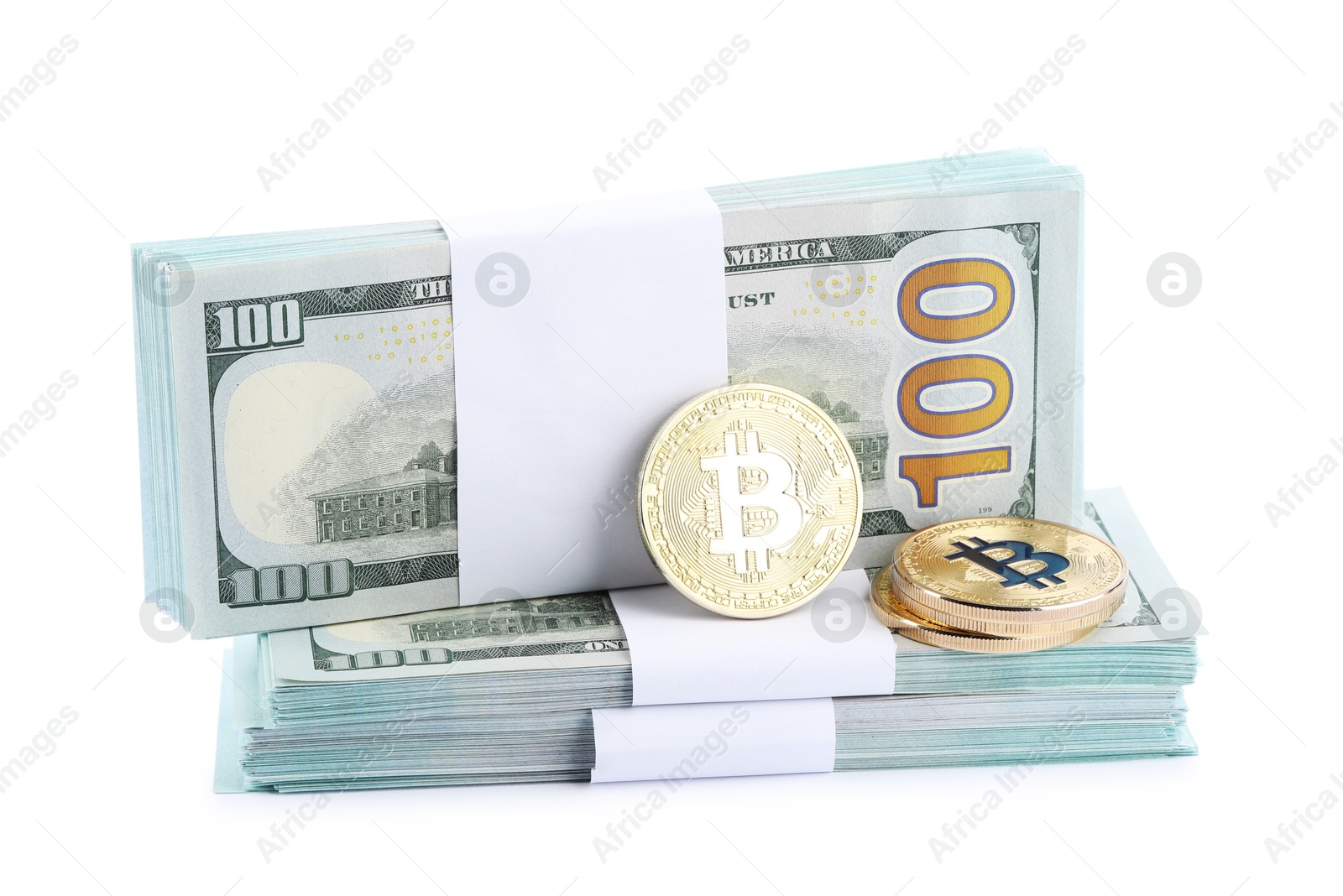 Cryptocurrency. Bitcoins and dollar banknotes isolated on white Photo of Cryptocurrency. Bitcoins and dollar banknotes isolated on white