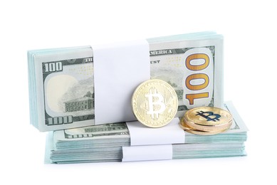 Photo of Cryptocurrency. Bitcoins and dollar banknotes isolated on white