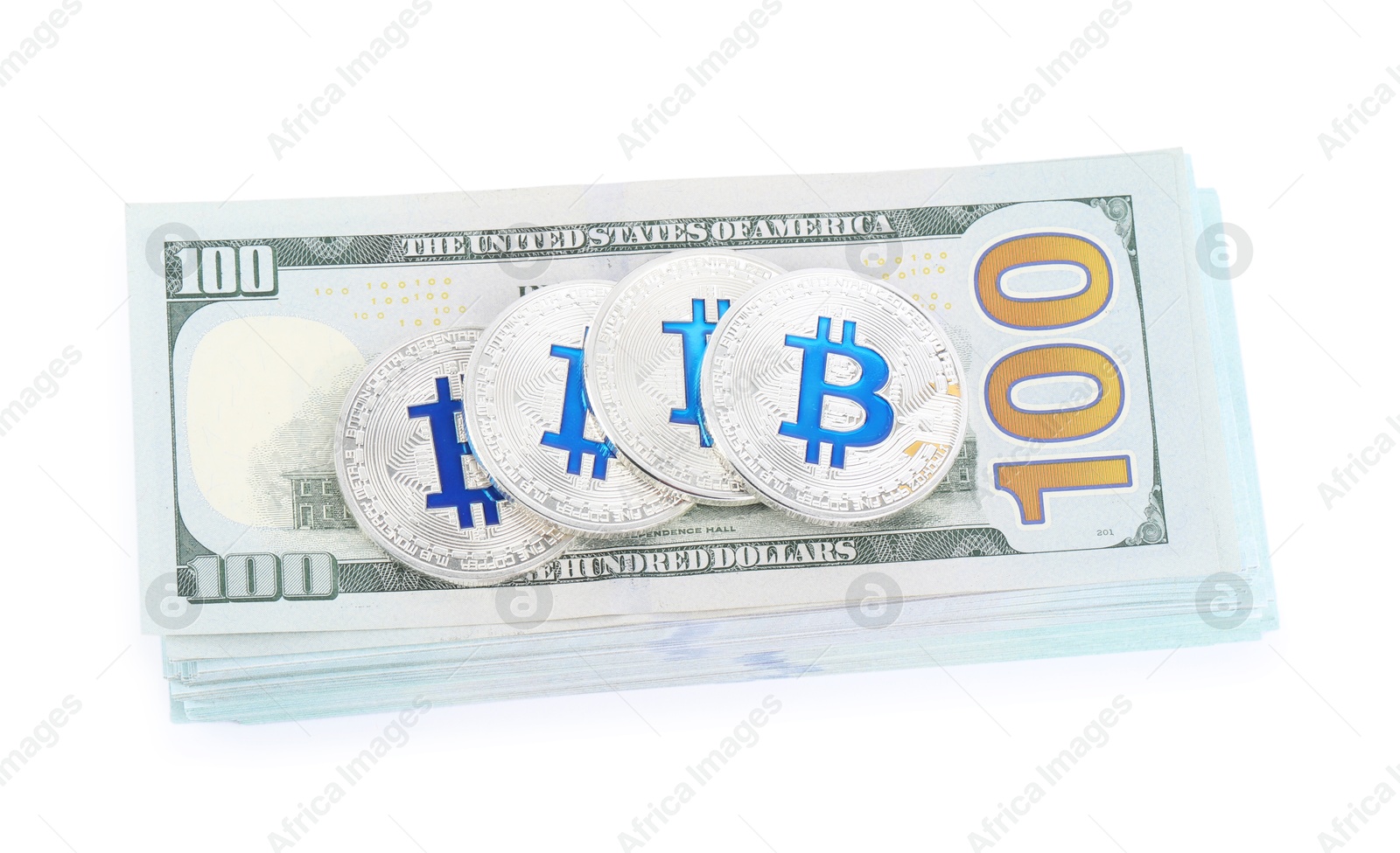 Cryptocurrency. Bitcoins and dollar banknotes isolated on white, top view Photo of Cryptocurrency. Bitcoins and dollar banknotes isolated on white, top view