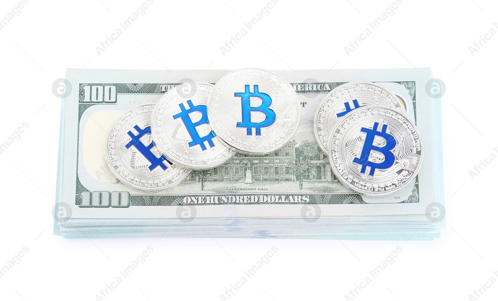 Cryptocurrency. Bitcoins and dollar banknotes isolated on white, top view Photo of Cryptocurrency. Bitcoins and dollar banknotes isolated on white, top view