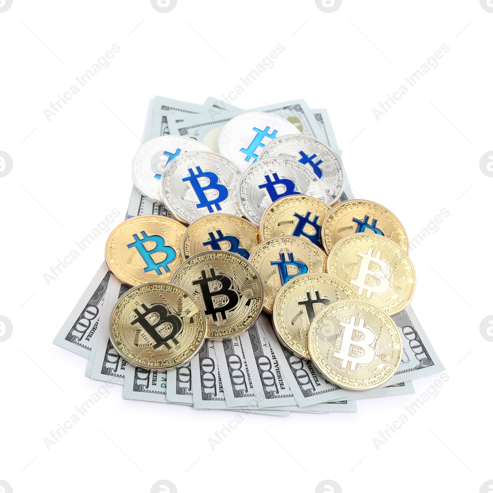 Cryptocurrency. Bitcoins and dollar banknotes isolated on white Photo of Cryptocurrency. Bitcoins and dollar banknotes isolated on white