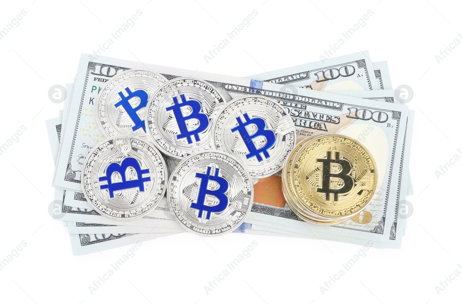 Cryptocurrency. Bitcoins and dollar banknotes isolated on white, top view Photo of Cryptocurrency. Bitcoins and dollar banknotes isolated on white, top view