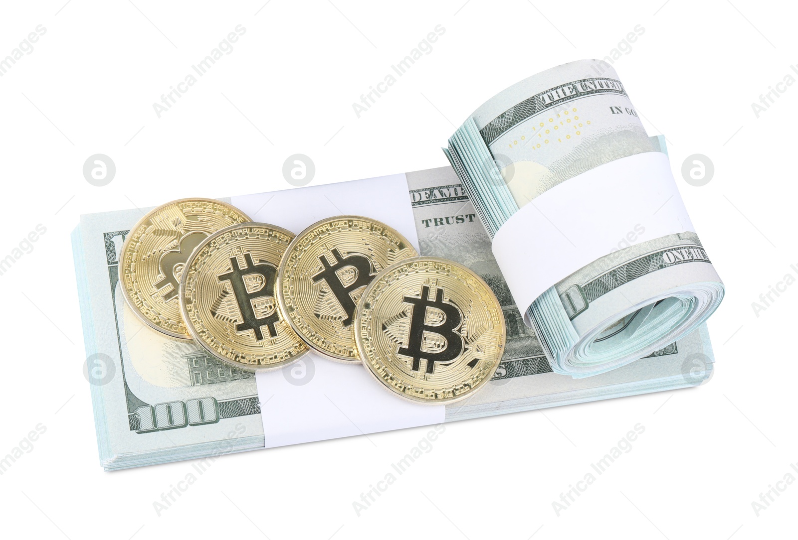 Cryptocurrency. Bitcoins and dollar banknotes isolated on white, above view Photo of Cryptocurrency. Bitcoins and dollar banknotes isolated on white, above view