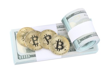 Photo of Cryptocurrency. Bitcoins and dollar banknotes isolated on white, above view