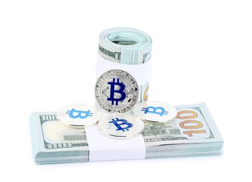 Photo of Cryptocurrency. Bitcoins and dollar banknotes isolated on white