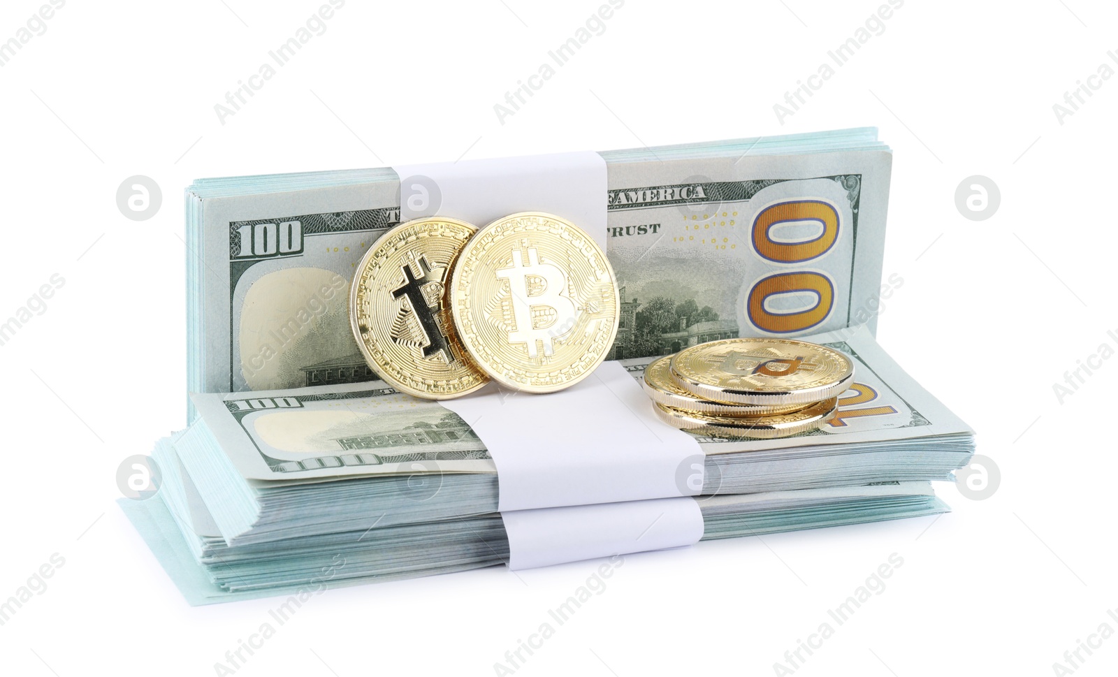 Photo of Cryptocurrency. Bitcoins and dollar banknotes isolated on white