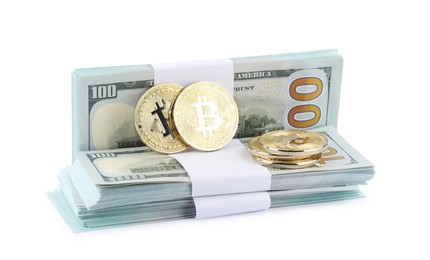Photo of Cryptocurrency. Bitcoins and dollar banknotes isolated on white