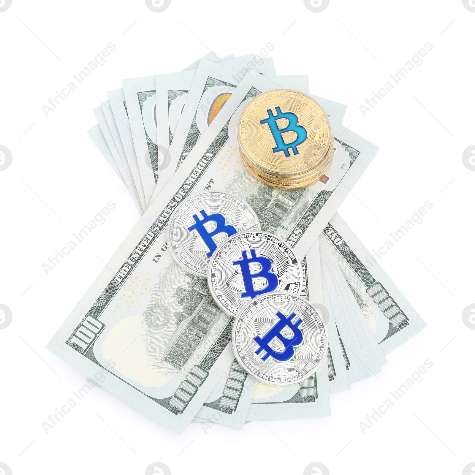 Cryptocurrency. Bitcoins and dollar banknotes isolated on white, top view Photo of Cryptocurrency. Bitcoins and dollar banknotes isolated on white, top view