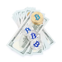 Photo of Cryptocurrency. Bitcoins and dollar banknotes isolated on white, top view