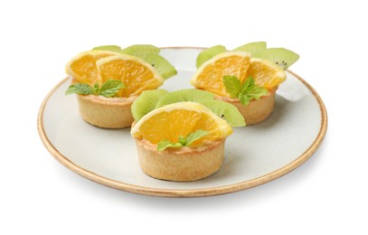 Photo of Tartlets with fruits and mint isolated on white. Delicious dessert