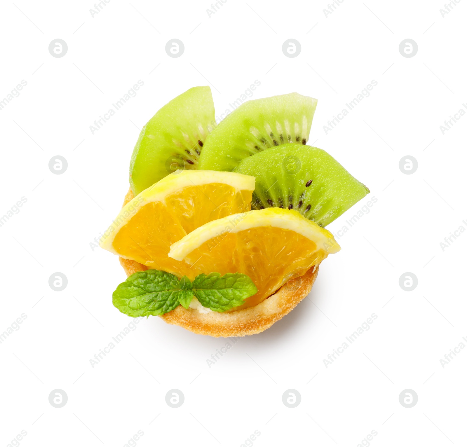 Tartlet with orange, kiwi and mint isolated on white, top view. Delicious dessert Photo of Tartlet with orange, kiwi and mint isolated on white, top view. Delicious dessert