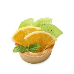 Photo of Tartlet with orange, kiwi and mint isolated on white. Delicious dessert