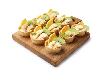 Photo of Tartlets with fruits and mint isolated on white. Delicious dessert