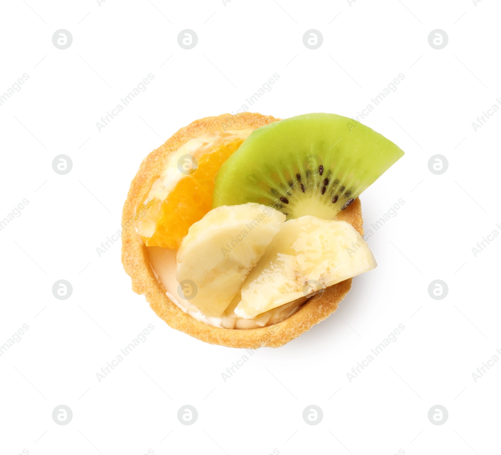 Tartlet with orange, banana and kiwi isolated on white, top view. Delicious dessert Photo of Tartlet with orange, banana and kiwi isolated on white, top view. Delicious dessert