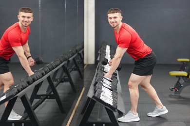 Photo of Professional personal trainer with dumbbells in gym