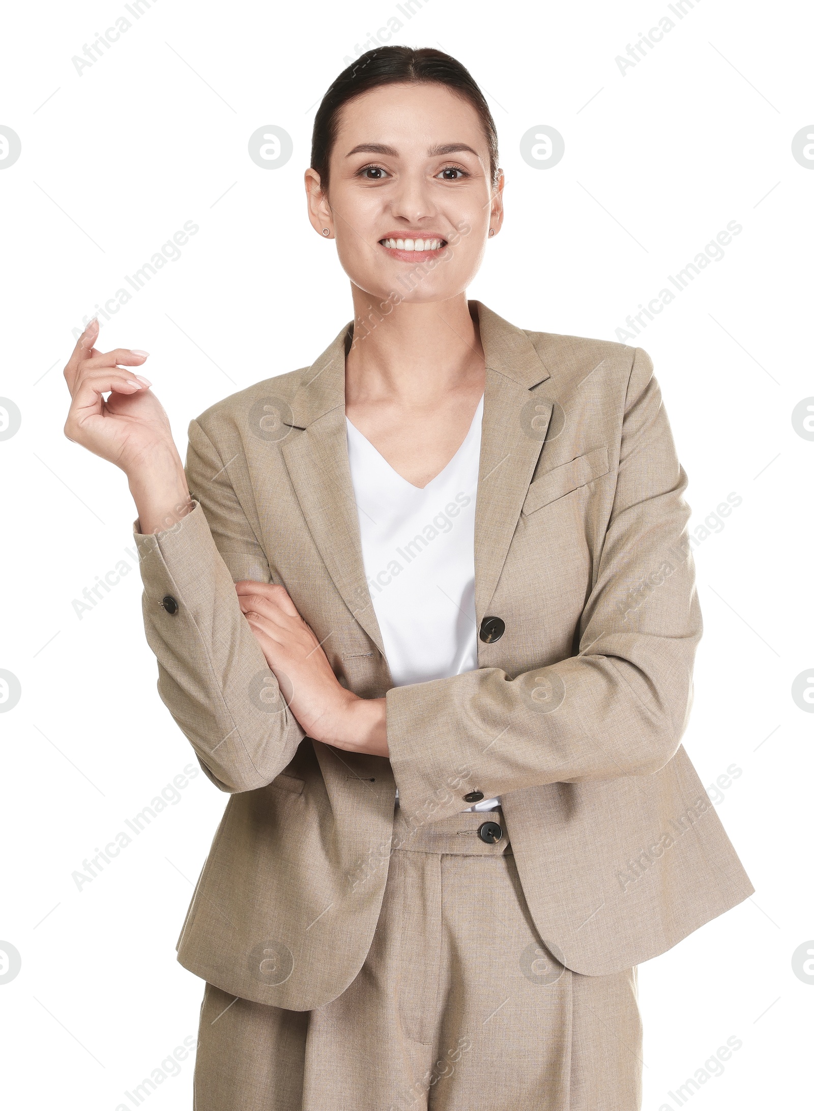 Confident business woman in suit on white background Photo of Confident business woman in suit on white background