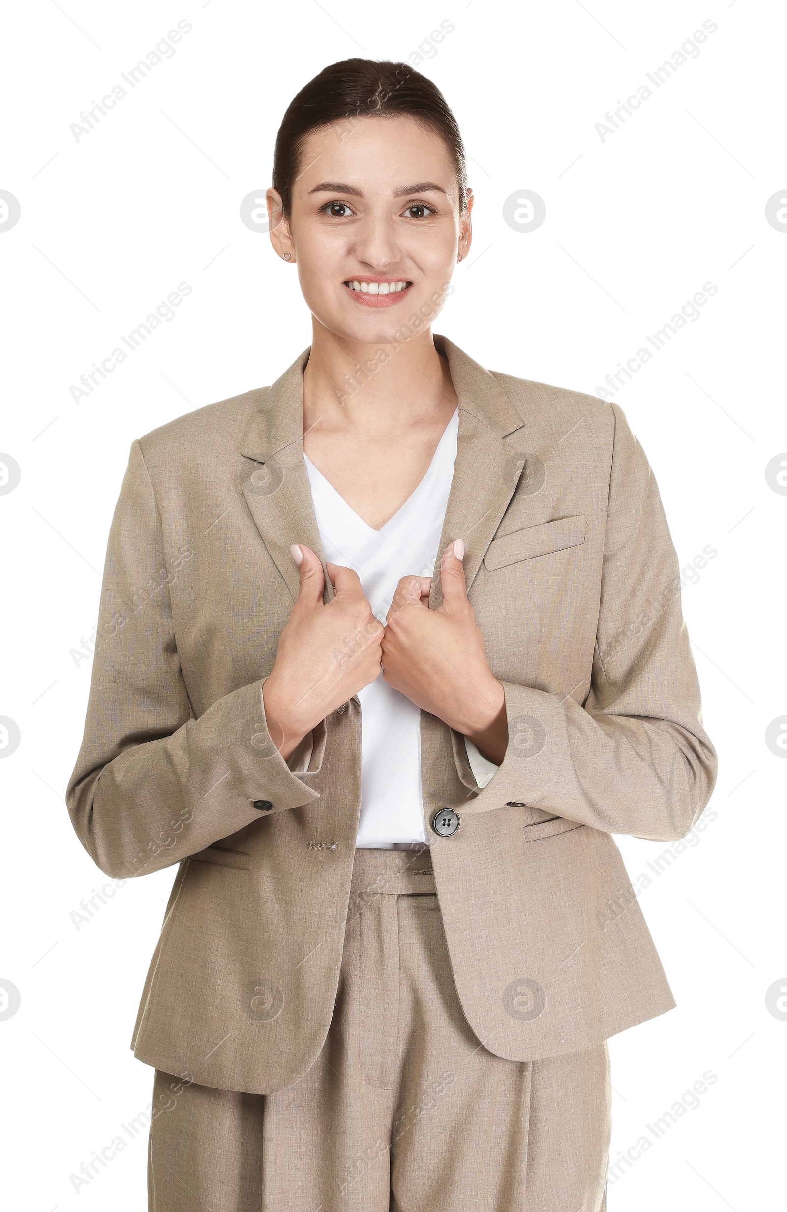 Confident business woman in suit on white background Photo of Confident business woman in suit on white background