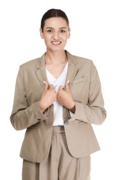 Photo of Confident business woman in suit on white background