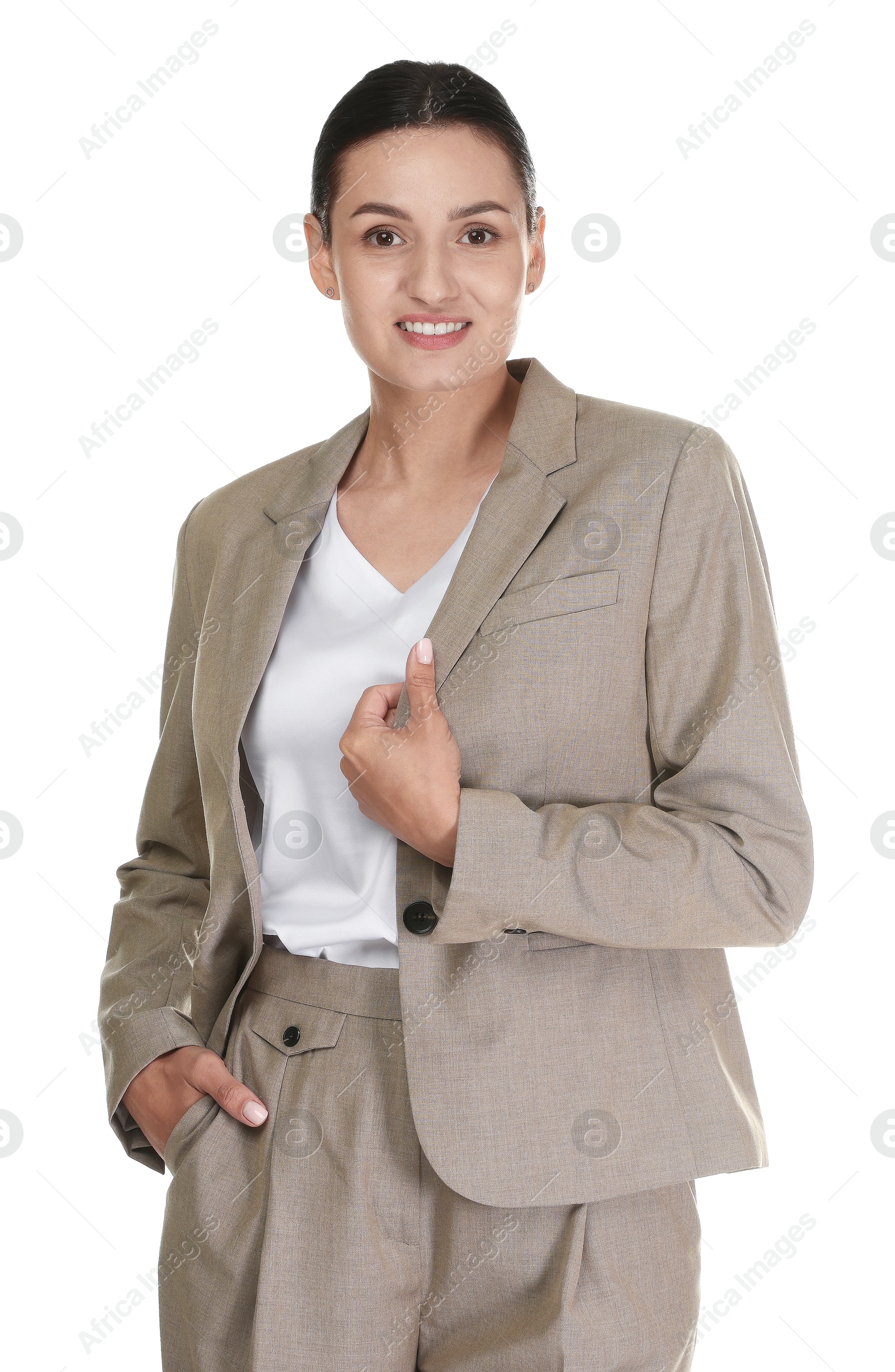 Confident business woman in suit on white background Photo of Confident business woman in suit on white background