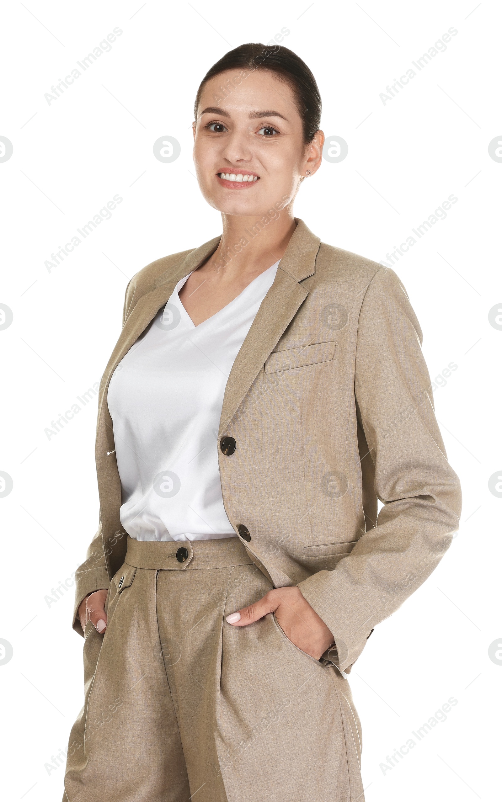 Confident business woman in suit on white background Photo of Confident business woman in suit on white background