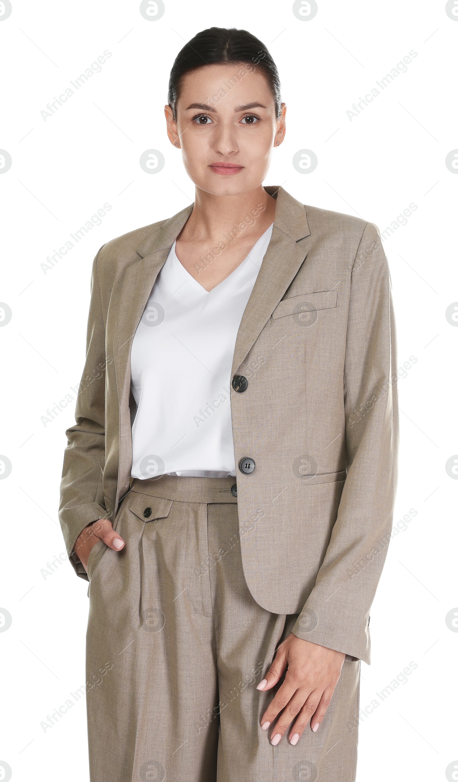 Confident business woman in suit on white background Photo of Confident business woman in suit on white background