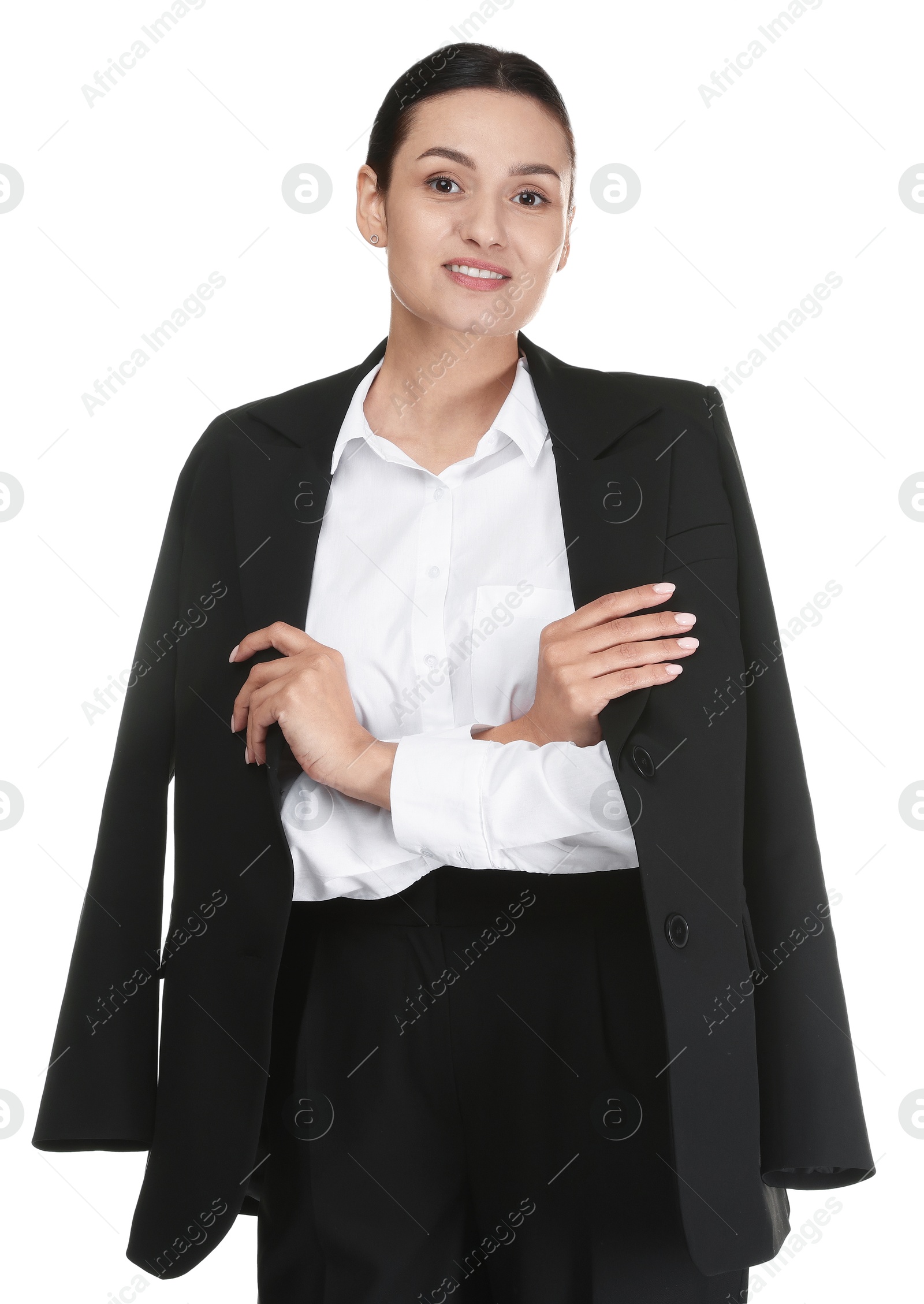 Confident business woman in suit on white background Photo of Confident business woman in suit on white background