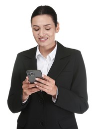 Photo of Confident business woman in suit with smartphone on white background