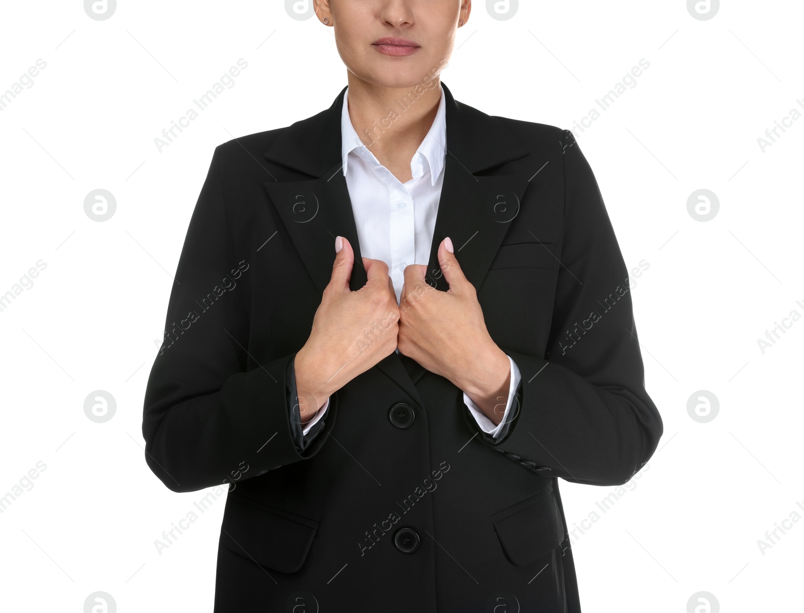 Confident business woman in suit on white background, closeup Photo of Confident business woman in suit on white background, closeup