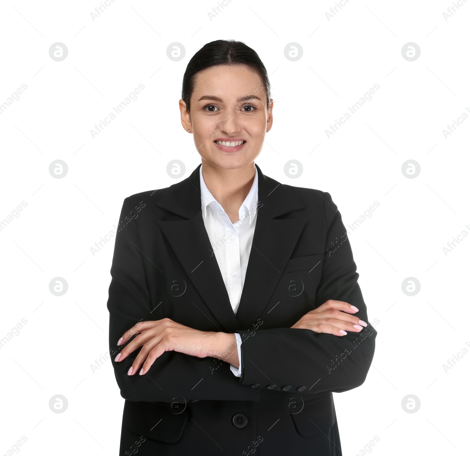 Confident business woman in suit on white background Photo of Confident business woman in suit on white background