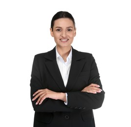 Photo of Confident business woman in suit on white background