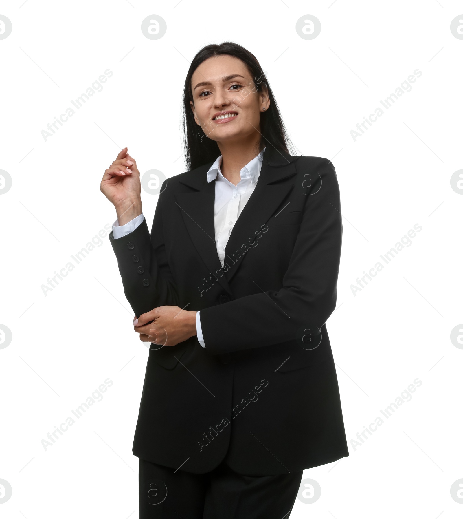 Confident business woman in suit on white background Photo of Confident business woman in suit on white background