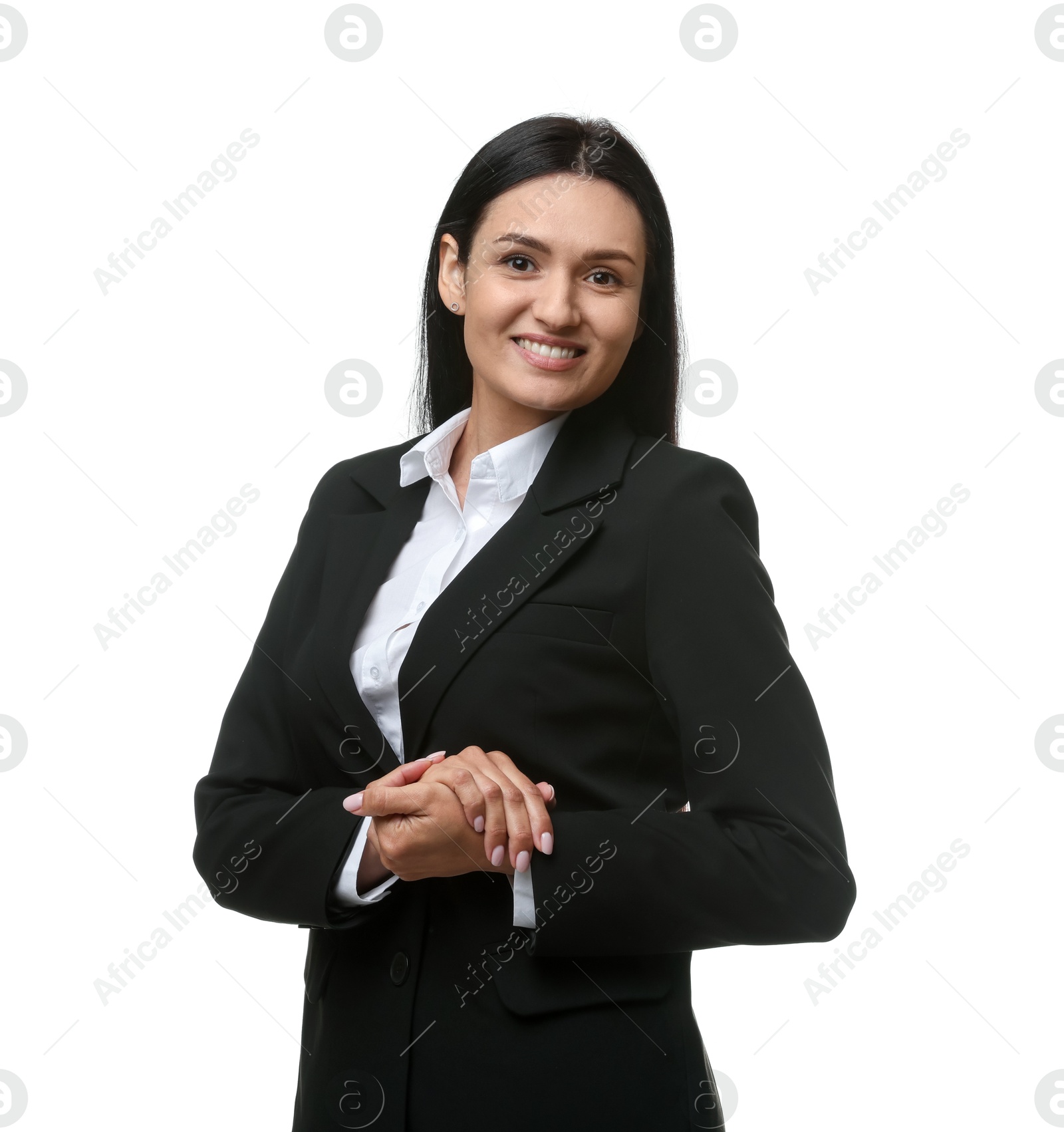 Confident business woman in suit on white background Photo of Confident business woman in suit on white background