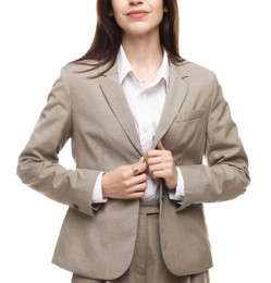 Photo of Woman in suit on white background, closeup