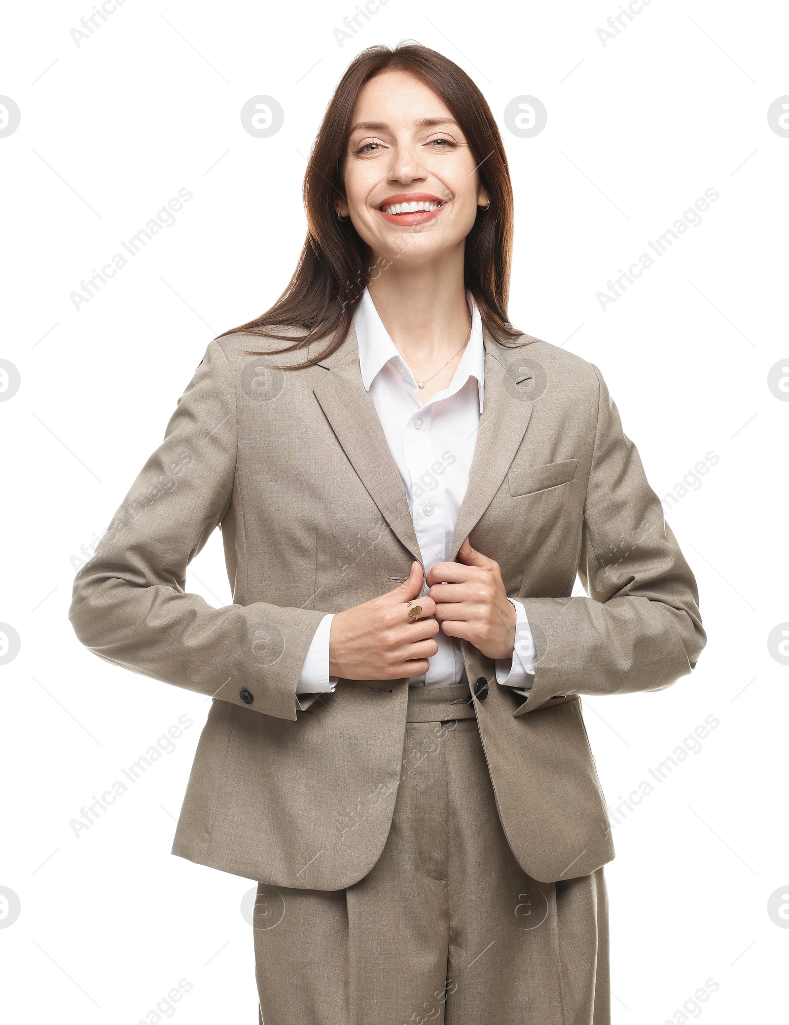 Happy woman in suit on white background Photo of Happy woman in suit on white background