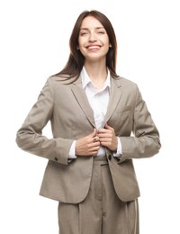 Photo of Happy woman in suit on white background