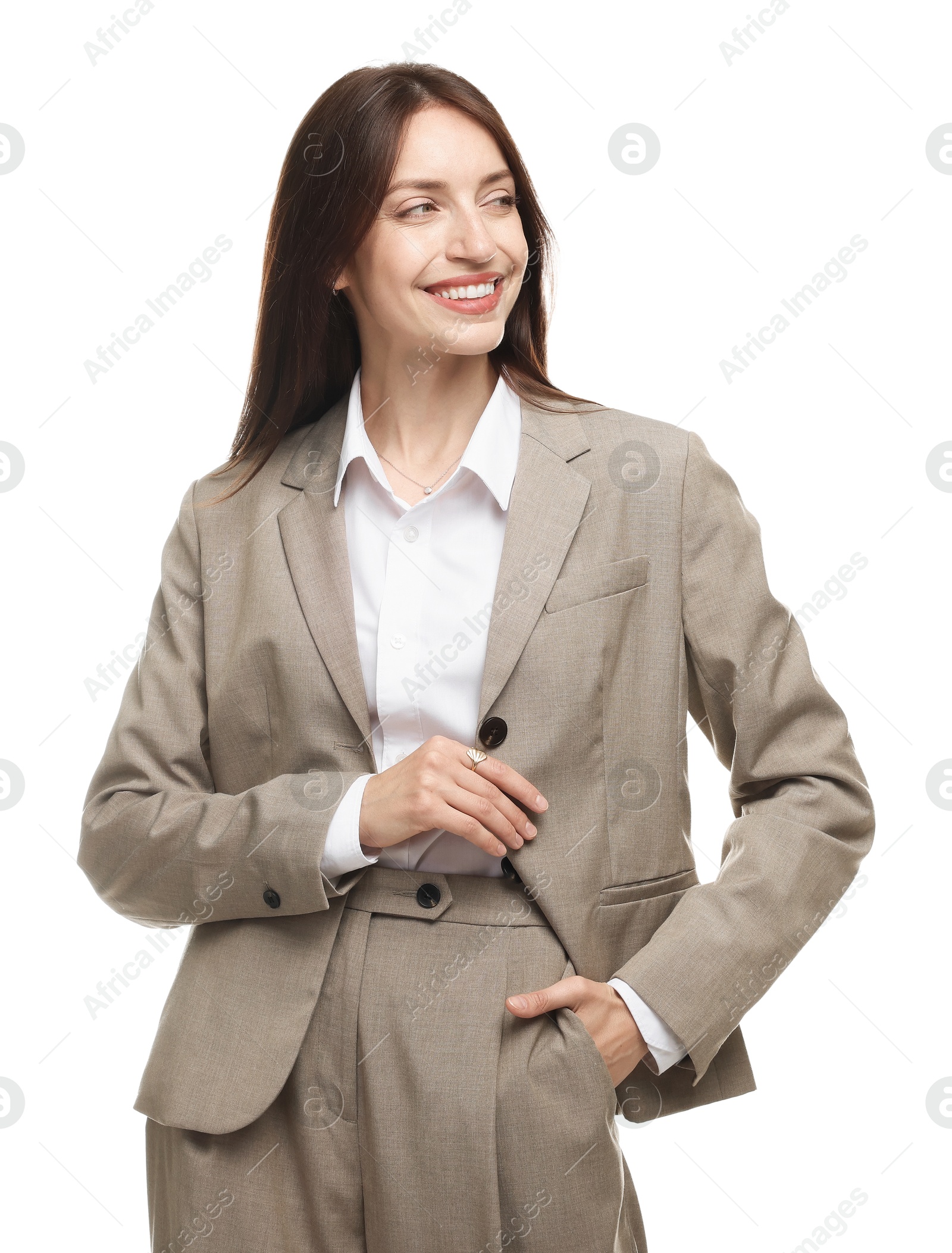 Happy woman in suit on white background Photo of Happy woman in suit on white background