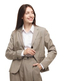 Photo of Happy woman in suit on white background