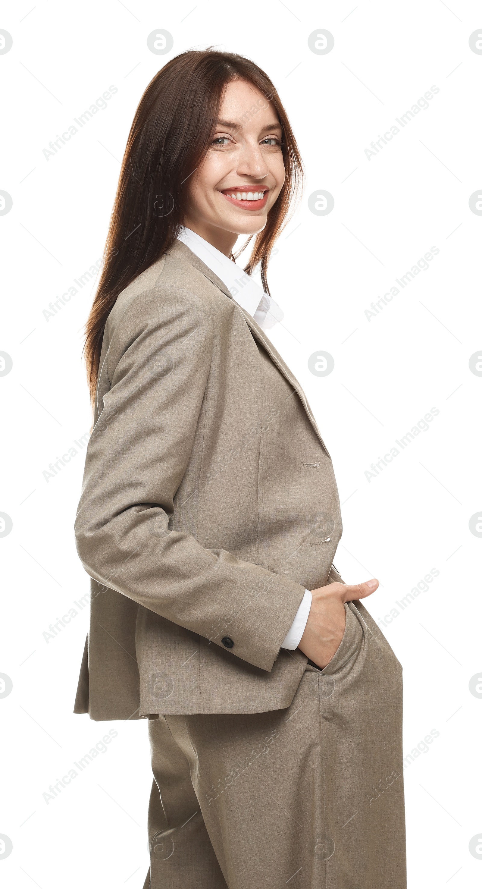 Happy woman in suit on white background Photo of Happy woman in suit on white background