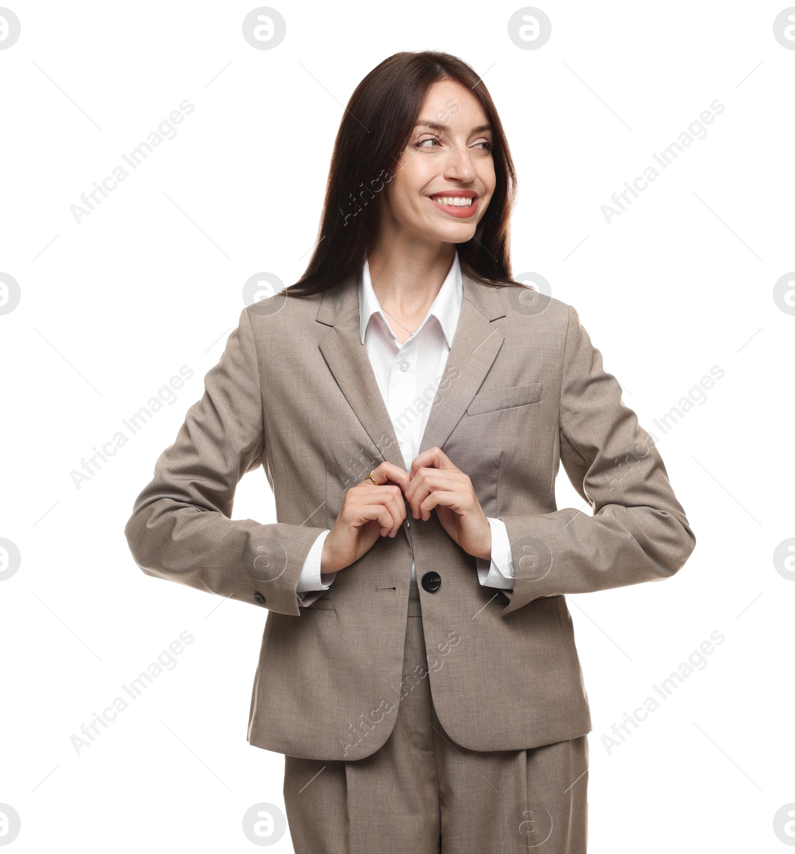 Happy woman in suit on white background Photo of Happy woman in suit on white background