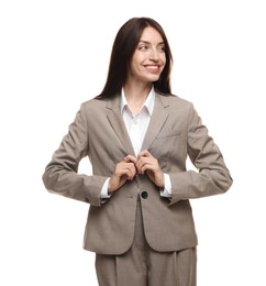 Photo of Happy woman in suit on white background