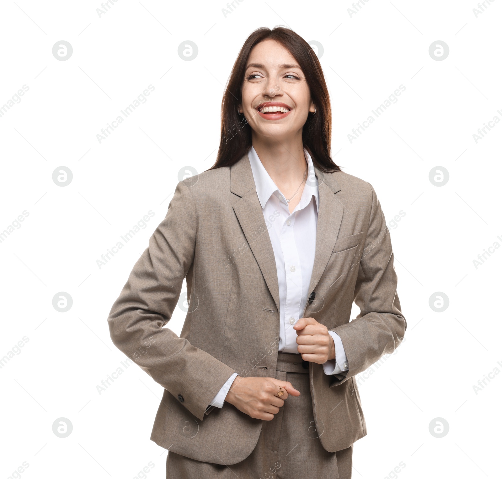 Happy woman in suit on white background Photo of Happy woman in suit on white background