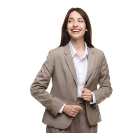 Photo of Happy woman in suit on white background