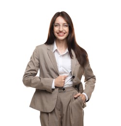 Photo of Happy woman in suit on white background