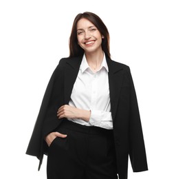 Photo of Happy woman in suit on white background