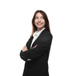Photo of Happy woman in suit on white background