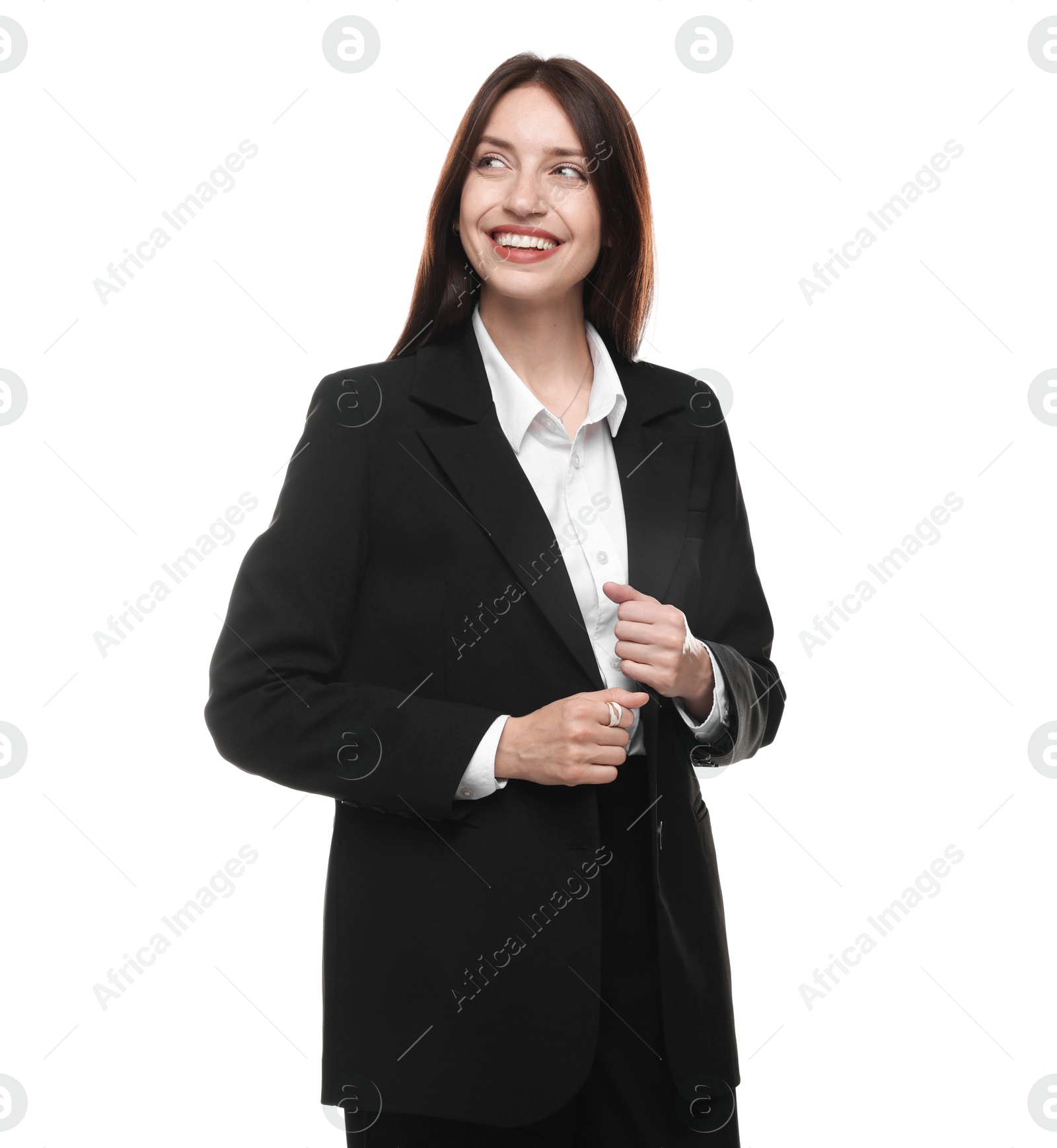 Happy woman in suit on white background Photo of Happy woman in suit on white background